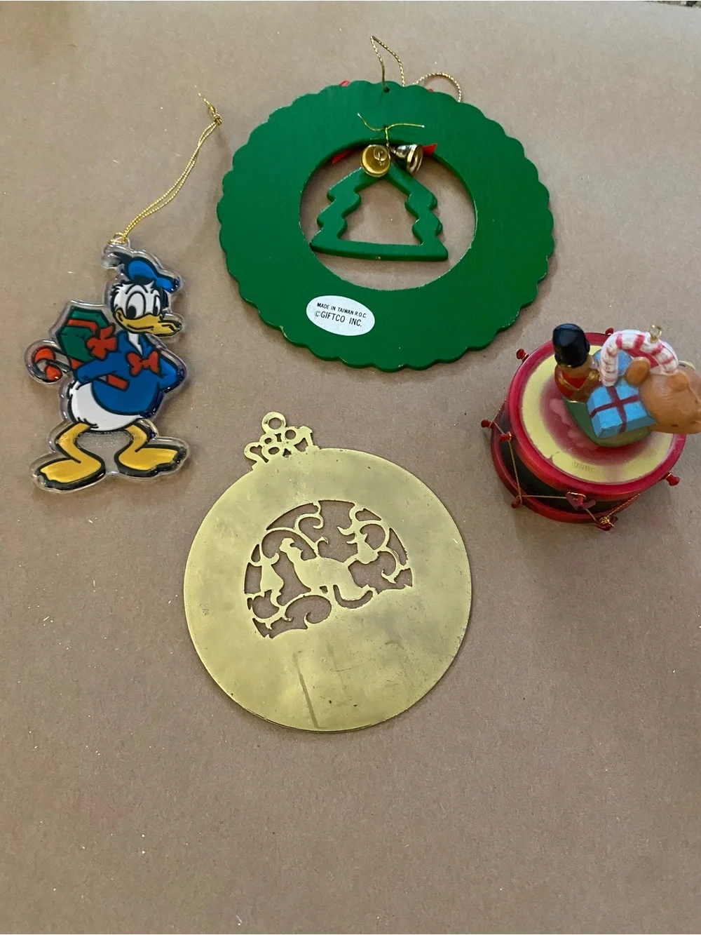 1980s Vintage Christmas Ornaments lot of 4, Donald Duck, Drum, 12 days, wreath